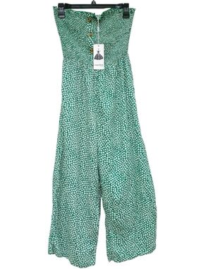 Angashion NWT Green Floral Strapless Wide Leg Jumpsuit Boho Women's Small